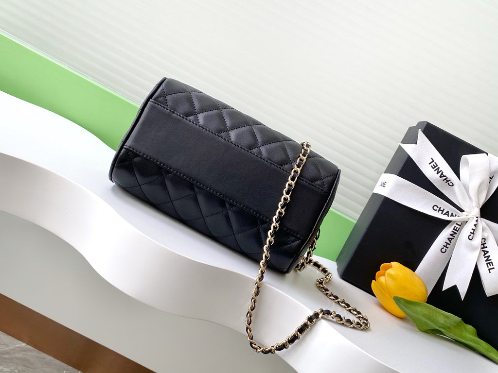 Chanel 25P Quilted Lambskin Bowling Bag — Black with Silver Hardware