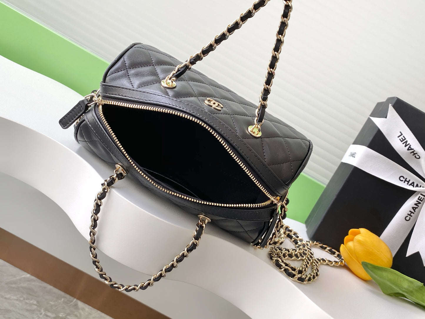 Chanel 25P Quilted Lambskin Bowling Bag — Black with Silver Hardware
