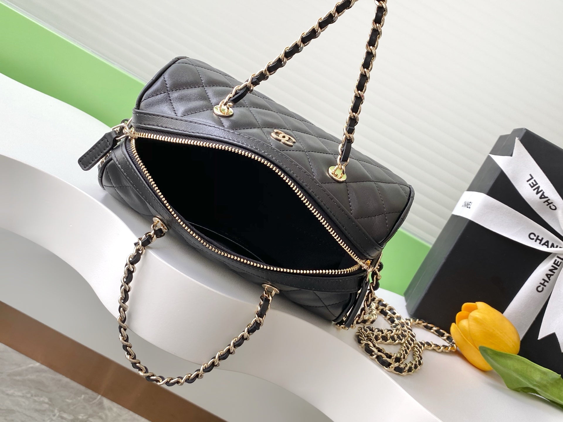Chanel 25P Quilted Lambskin Bowling Bag — Black with Silver Hardware