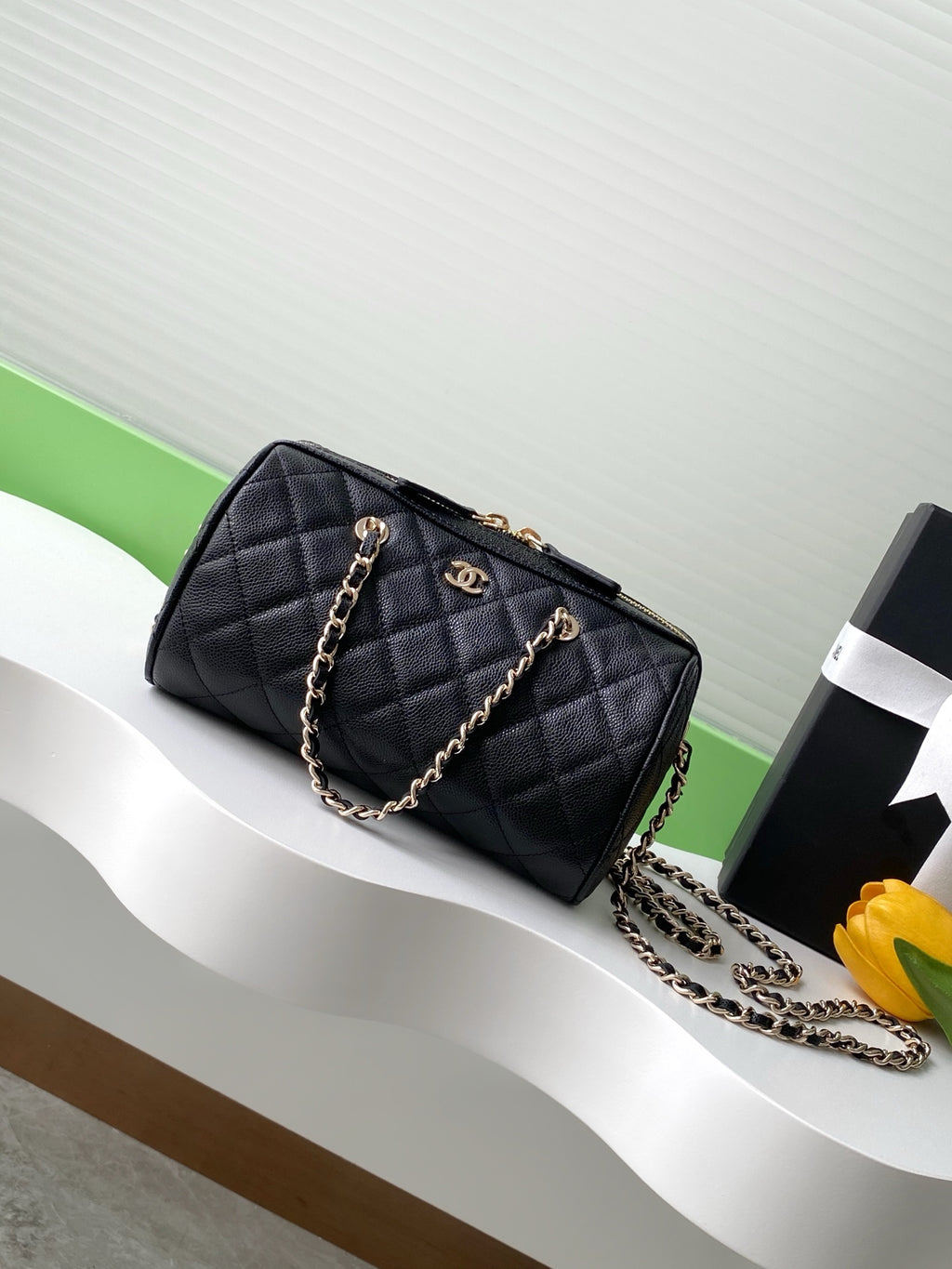 Chanel 25P Quilted Caviar Bowling Bag — Black with Gold Hardware