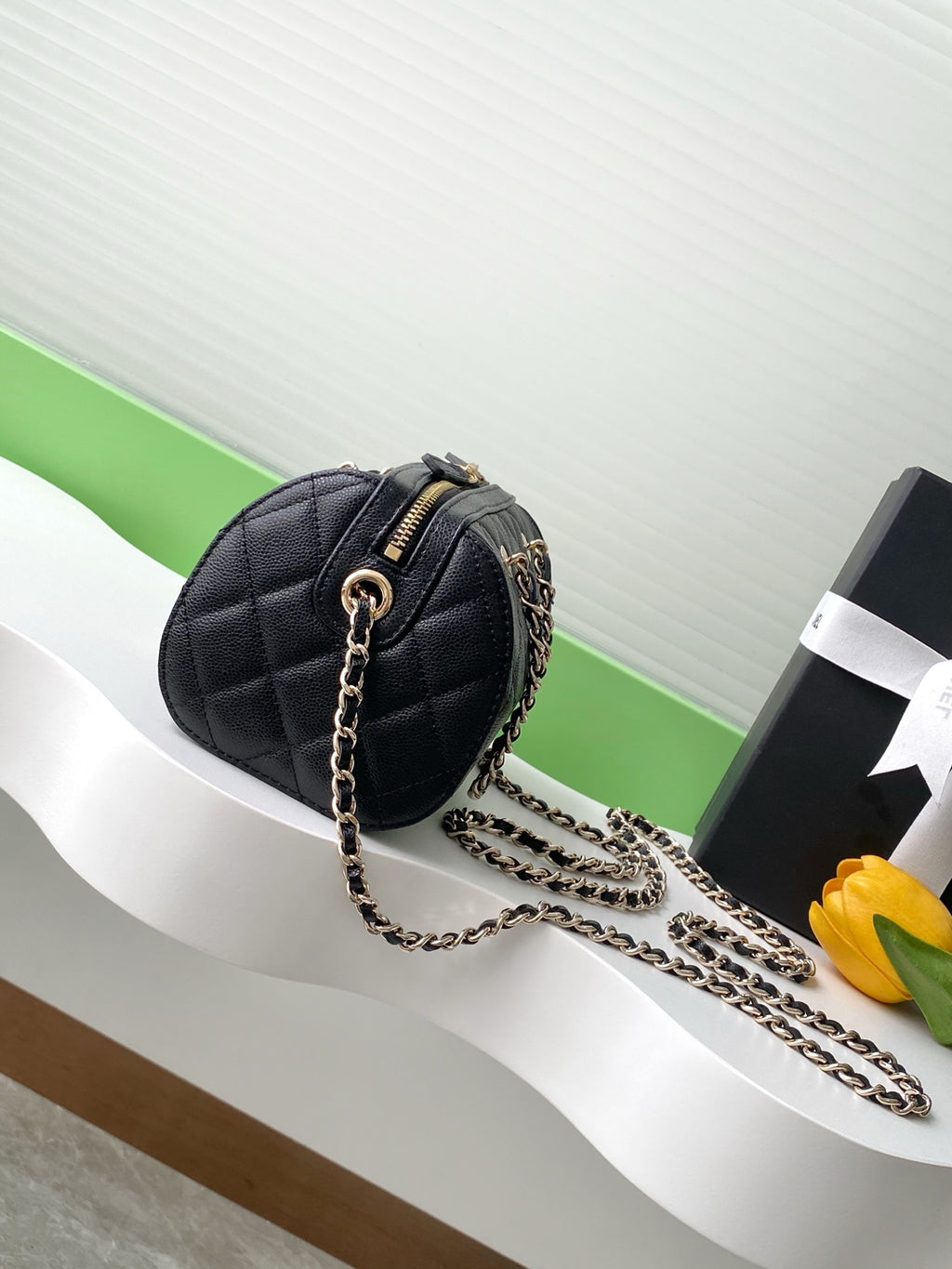 Chanel 25P Quilted Caviar Bowling Bag — Black with Gold Hardware