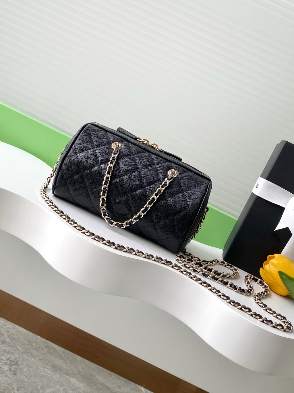 Chanel 25P Quilted Caviar Bowling Bag — Black with Gold Hardware