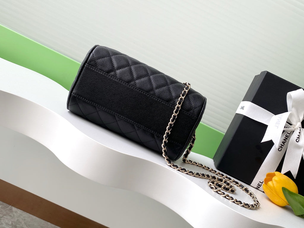 Chanel 25P Quilted Caviar Bowling Bag — Black with Gold Hardware