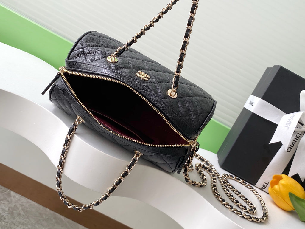 Chanel 25P Quilted Caviar Bowling Bag — Black with Gold Hardware