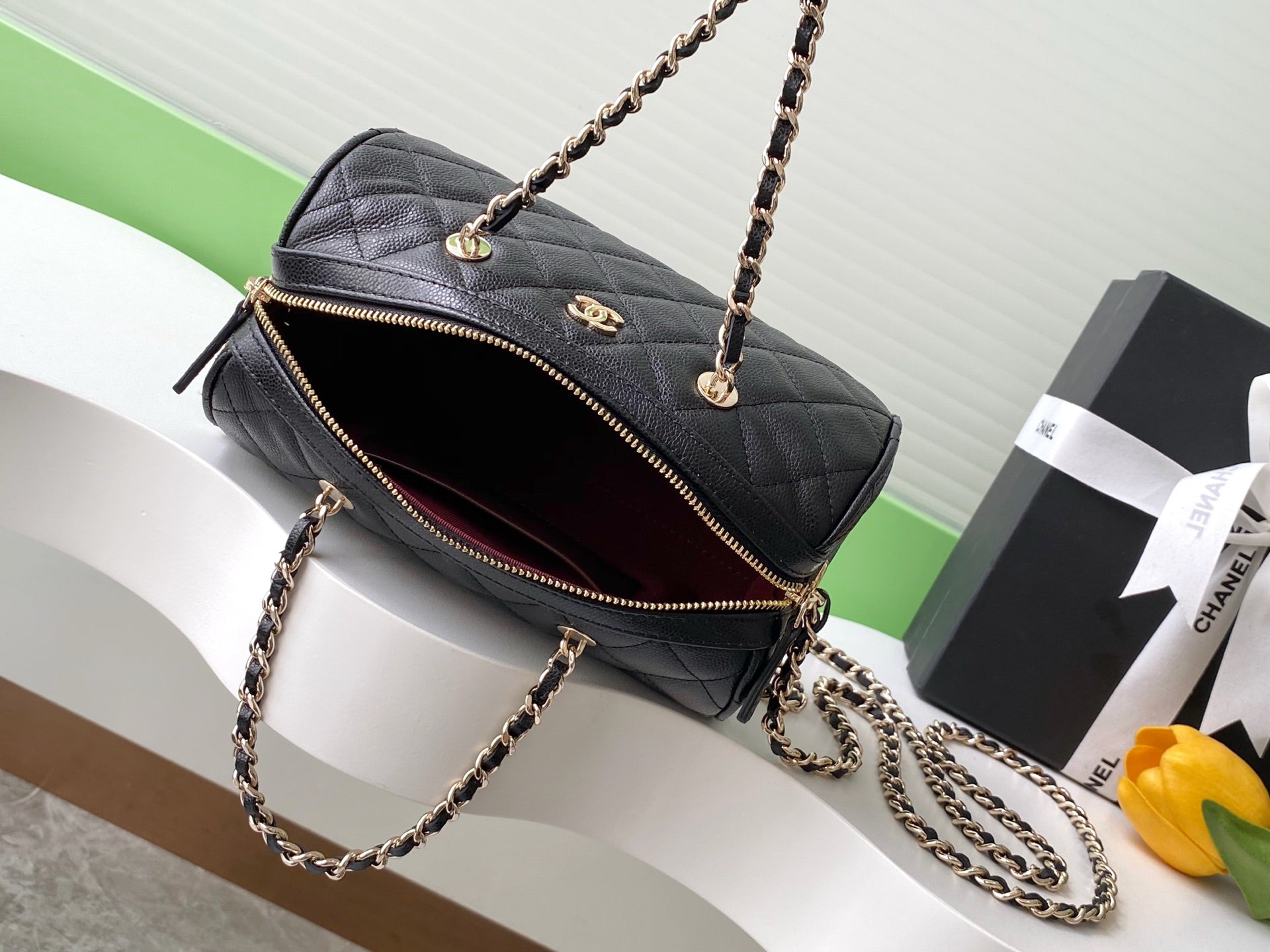 Chanel 25P Quilted Caviar Bowling Bag — Black with Gold Hardware