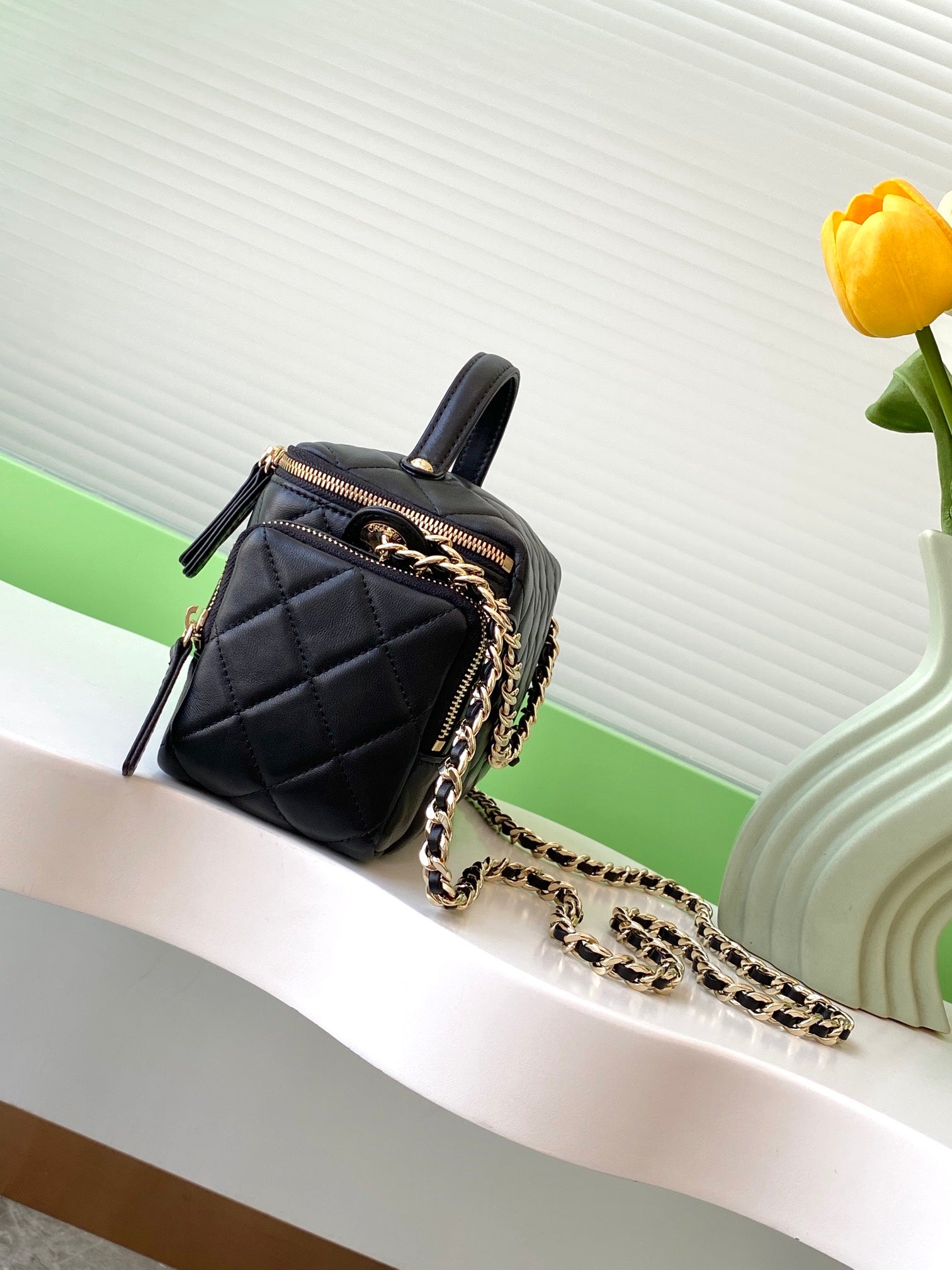 Chanel 24K Quilted Lambskin Camera Bag — Black with Silver Hardware