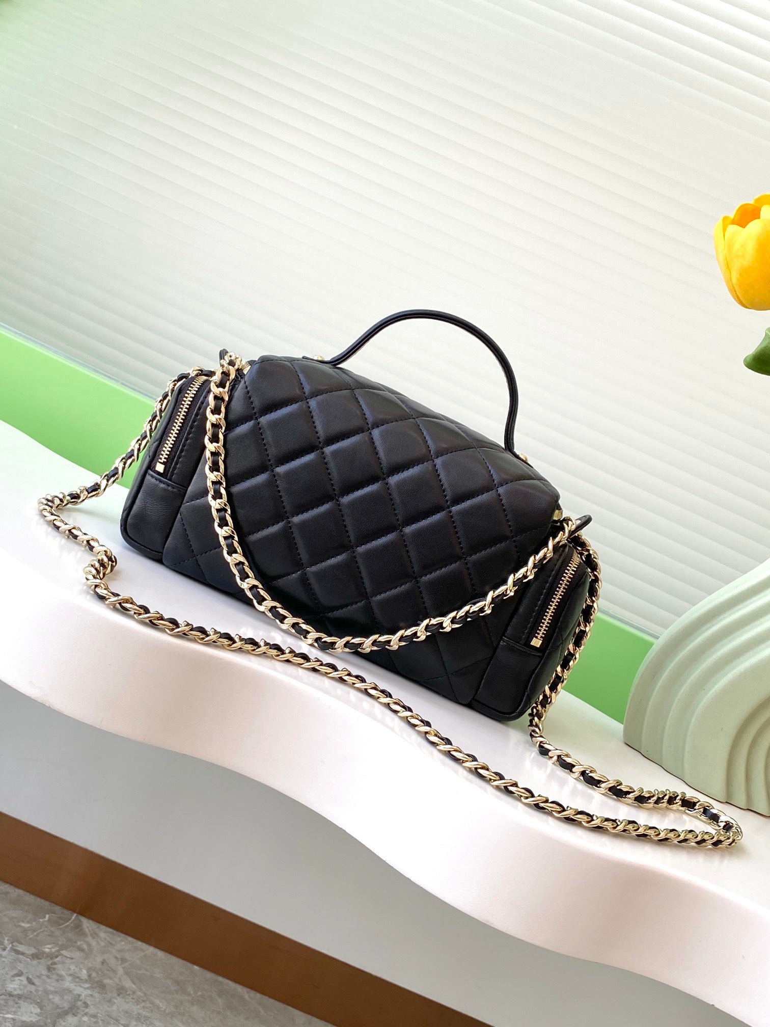 Chanel 24K Quilted Lambskin Camera Bag — Black with Silver Hardware