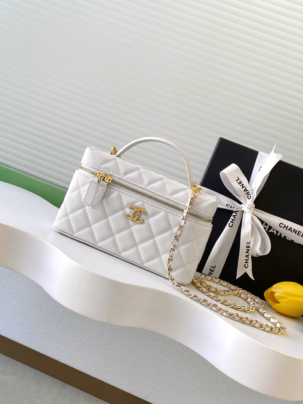 Chanel 26C LP Quilted Caviar Vanity Case — White with Light Gold Hardware