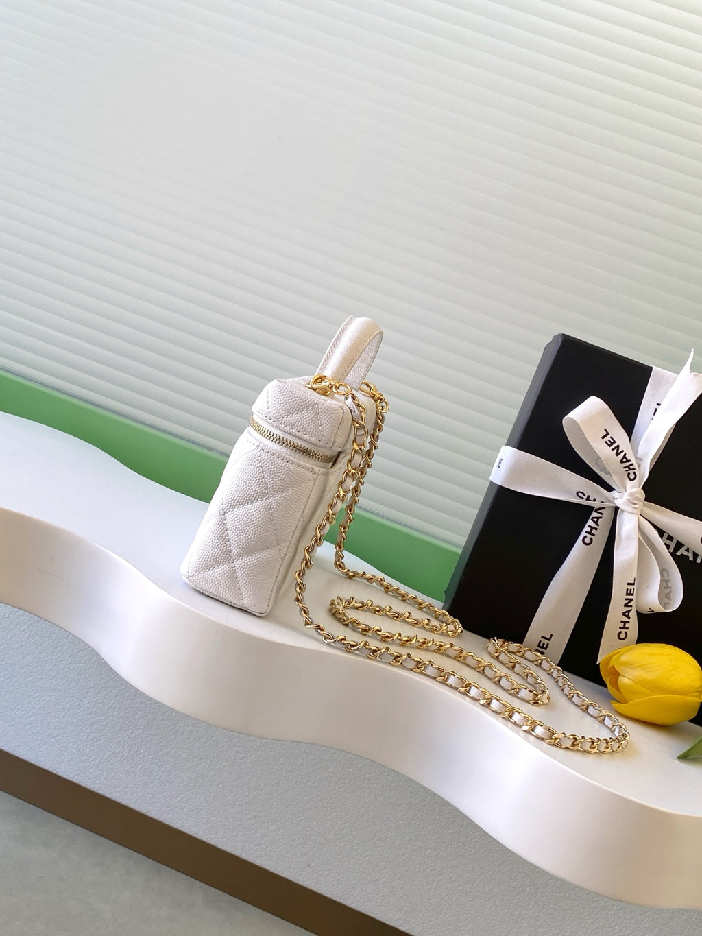 Chanel 26C LP Quilted Caviar Vanity Case — White with Light Gold Hardware