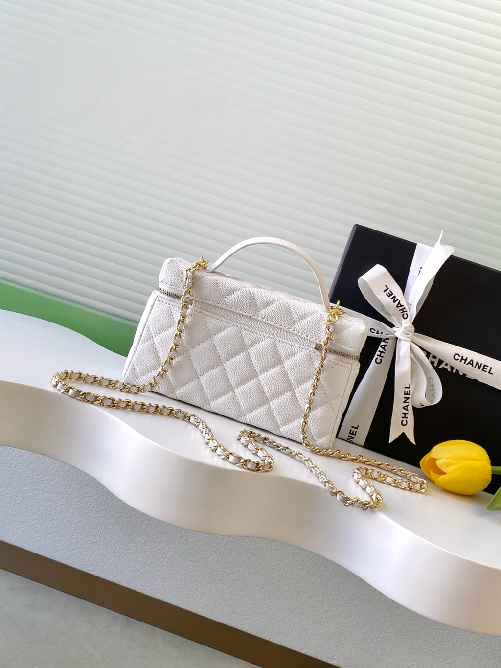 Chanel 26C LP Quilted Caviar Vanity Case — White with Light Gold Hardware