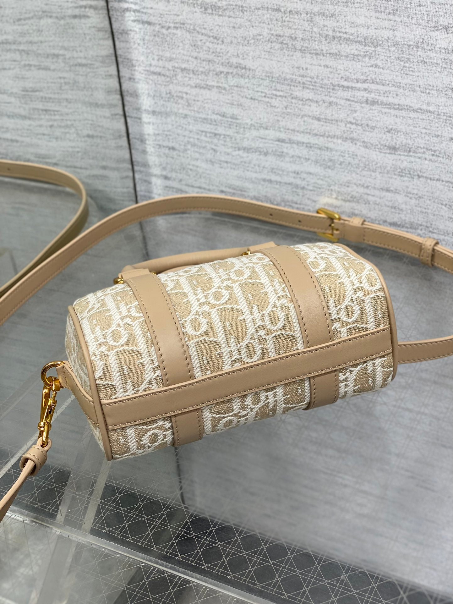 Dior Groove 16 Mini Boston Bag — Beige Dior Oblique Jacquard with Nude Leather Trim
