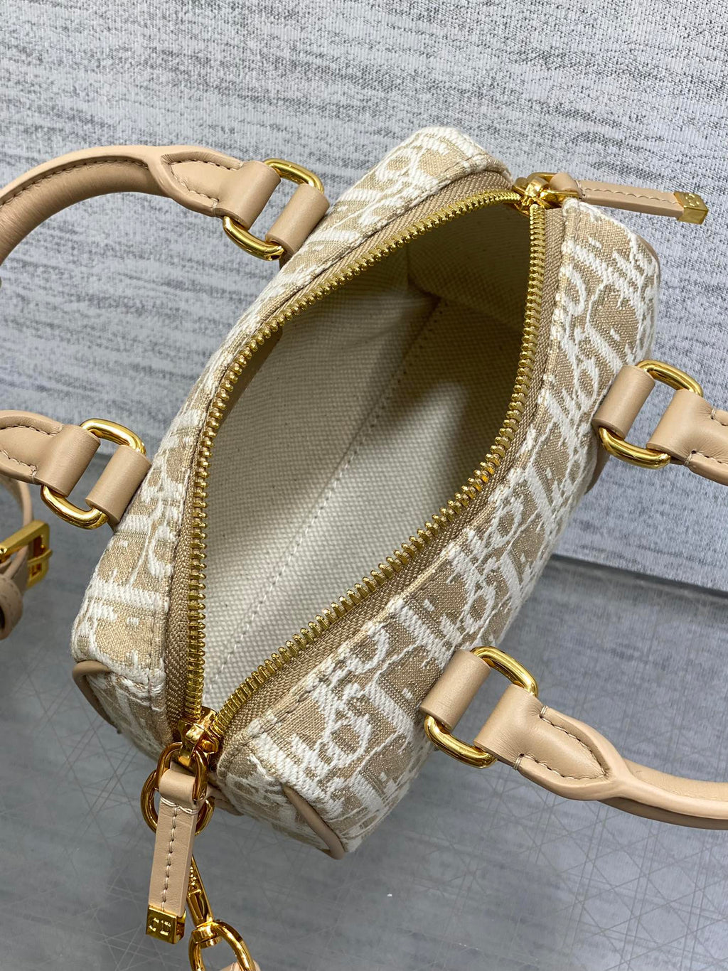 Dior Groove 16 Mini Boston Bag — Beige Dior Oblique Jacquard with Nude Leather Trim
