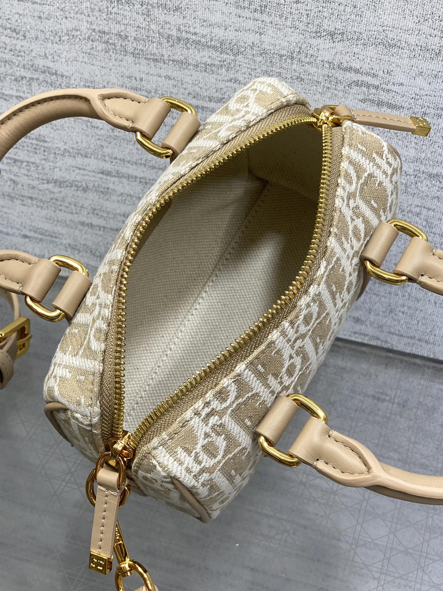 Dior Groove 16 Mini Boston Bag — Beige Dior Oblique Jacquard with Nude Leather Trim