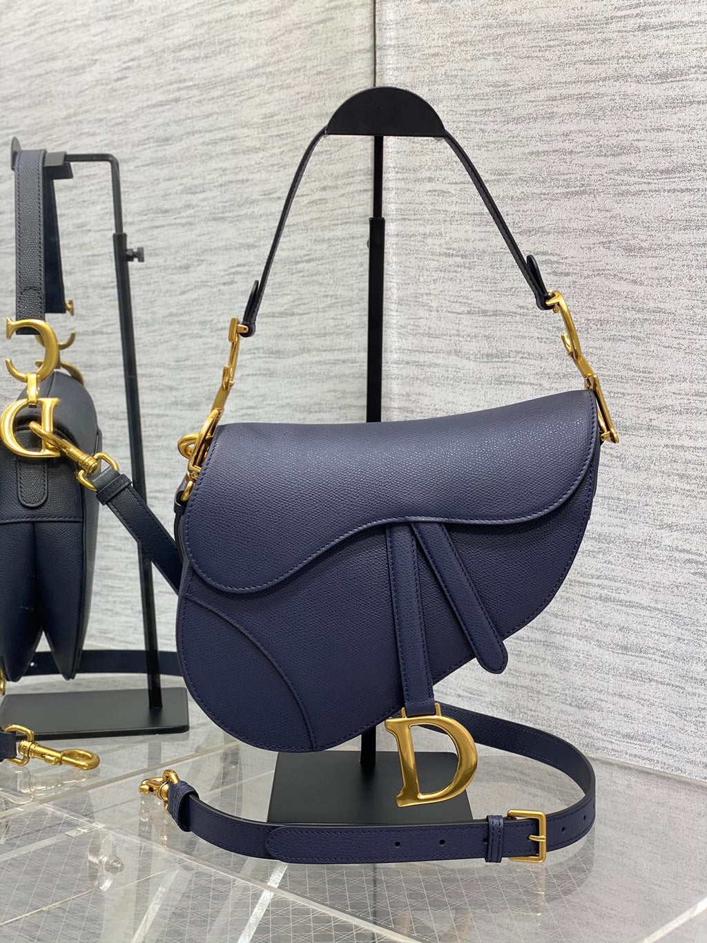 Dior Saddle Bag — Navy Blue Grained Calfskin with Gold Hardware