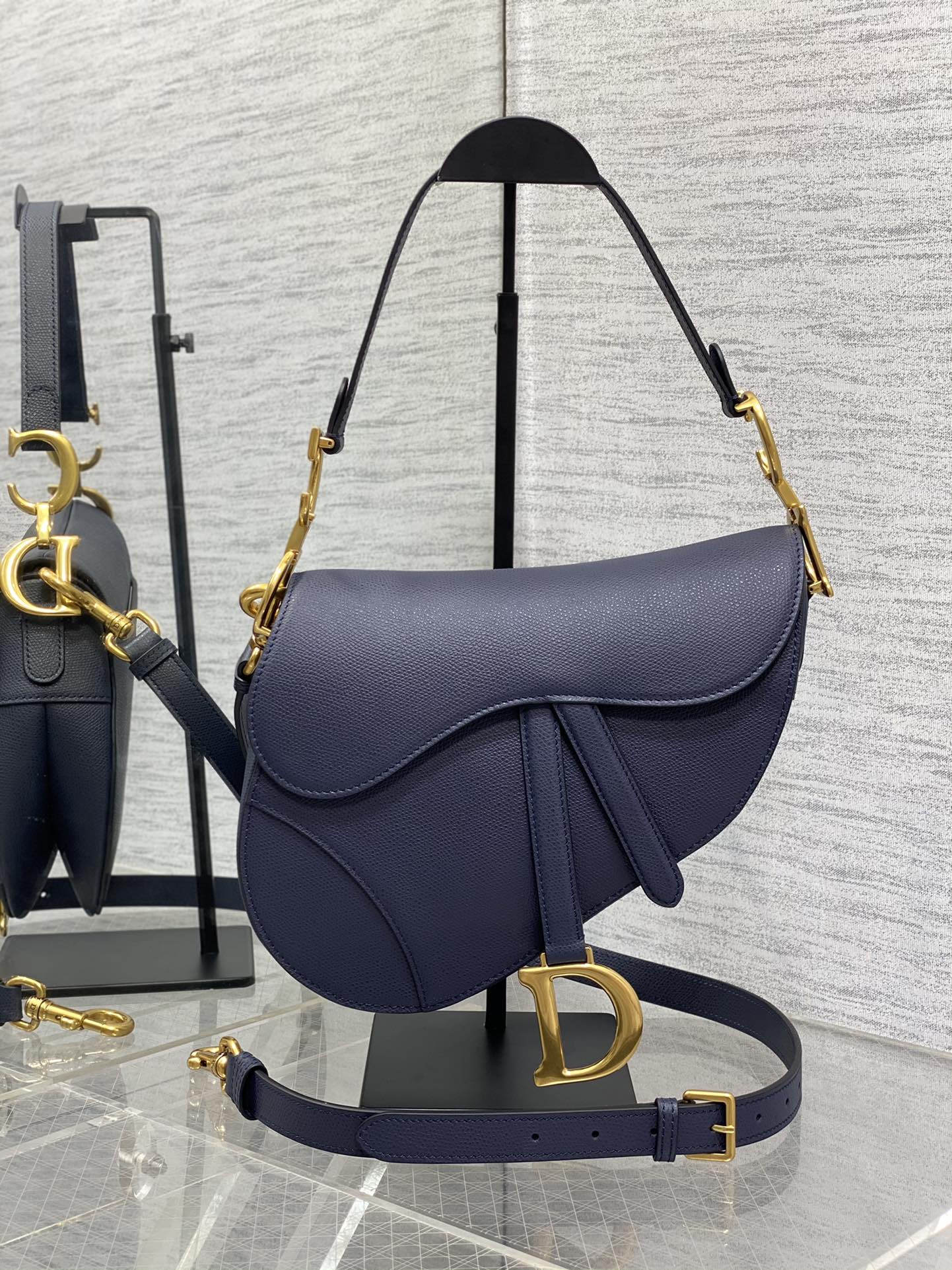 Dior Saddle Bag — Navy Blue Grained Calfskin with Gold Hardware