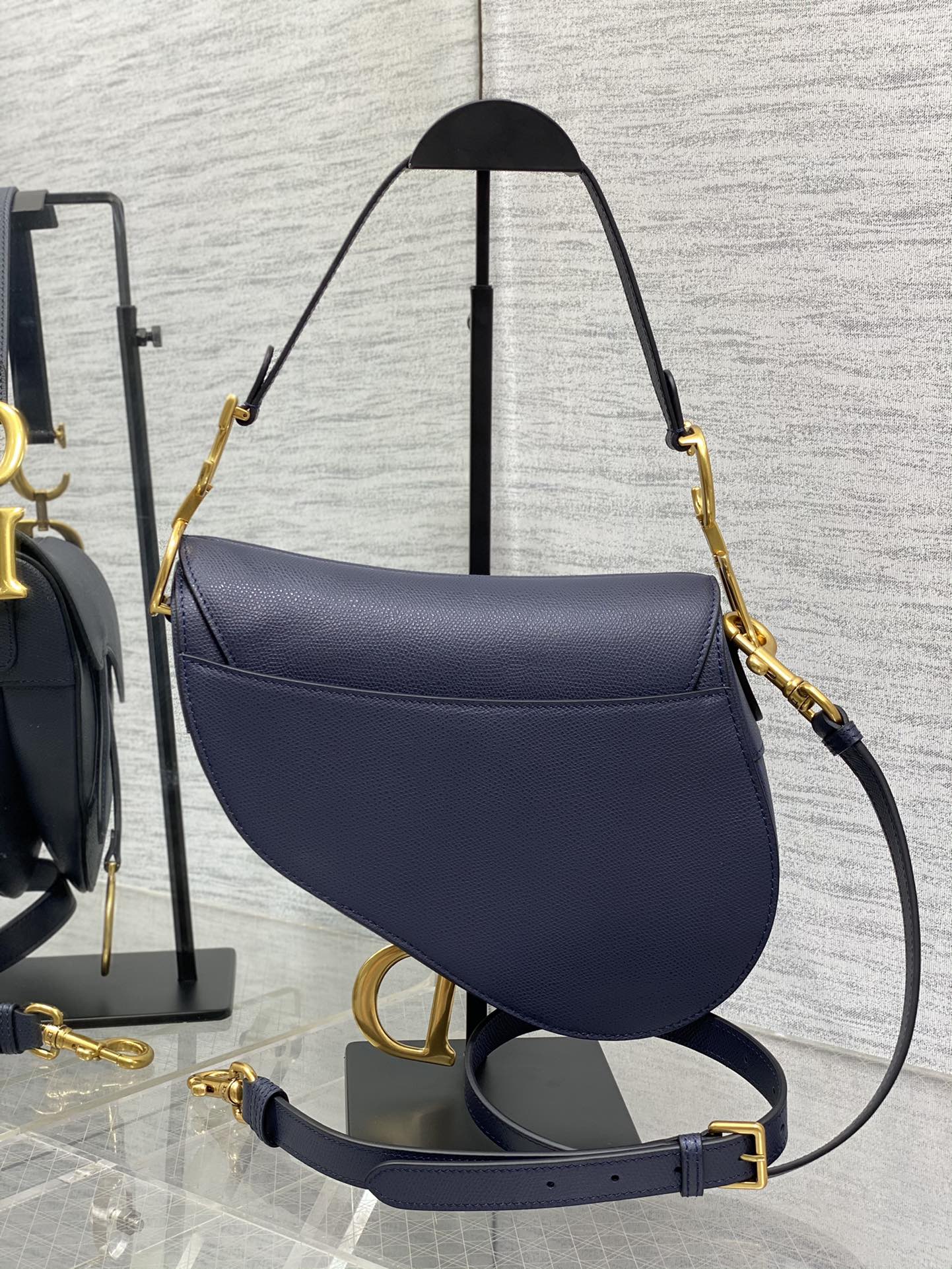 Dior Saddle Bag — Navy Blue Grained Calfskin with Gold Hardware
