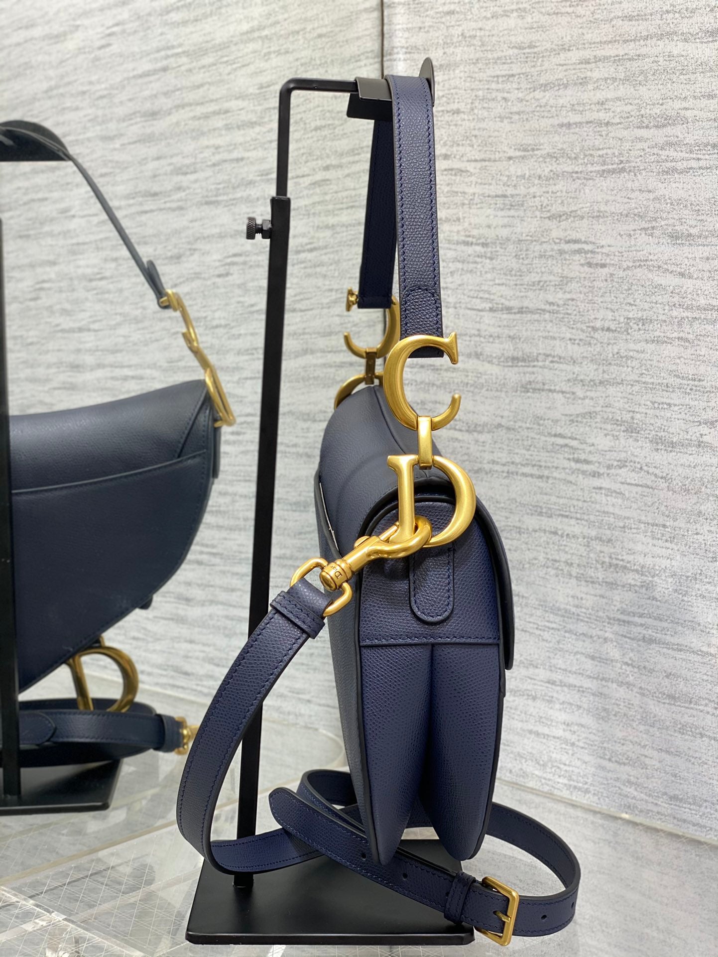 Dior Saddle Bag — Navy Blue Grained Calfskin with Gold Hardware