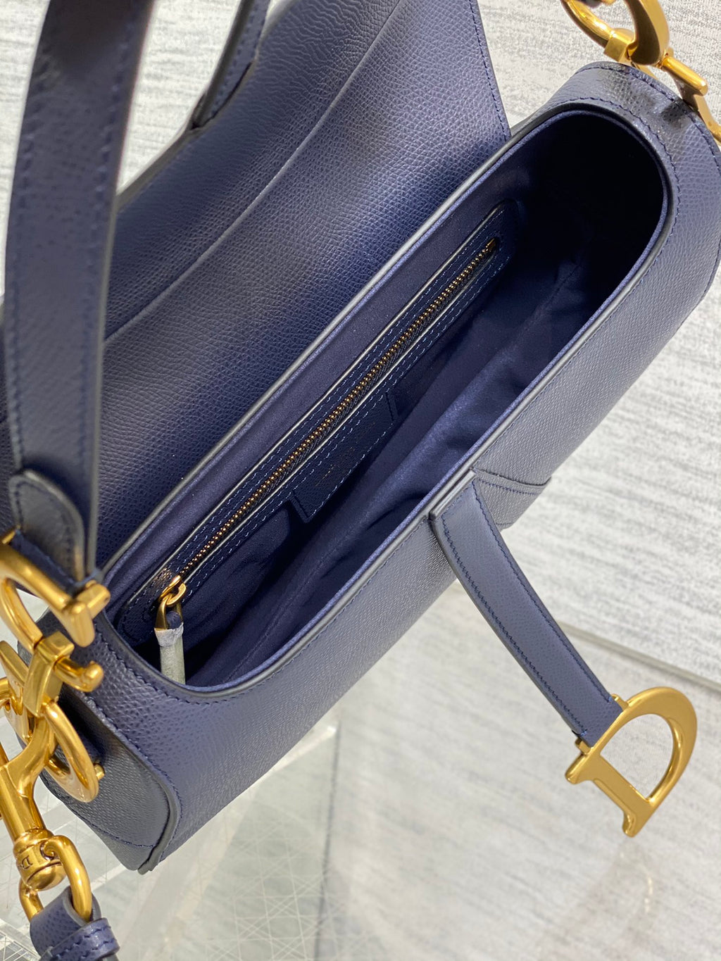 Dior Saddle Bag — Navy Blue Grained Calfskin with Gold Hardware