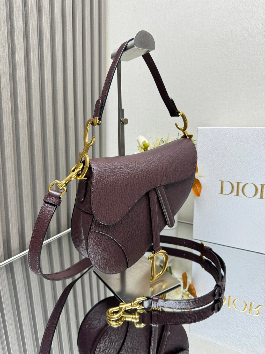Dior Saddle Bag — Burgundy Grained Calfskin with Gold Hardware