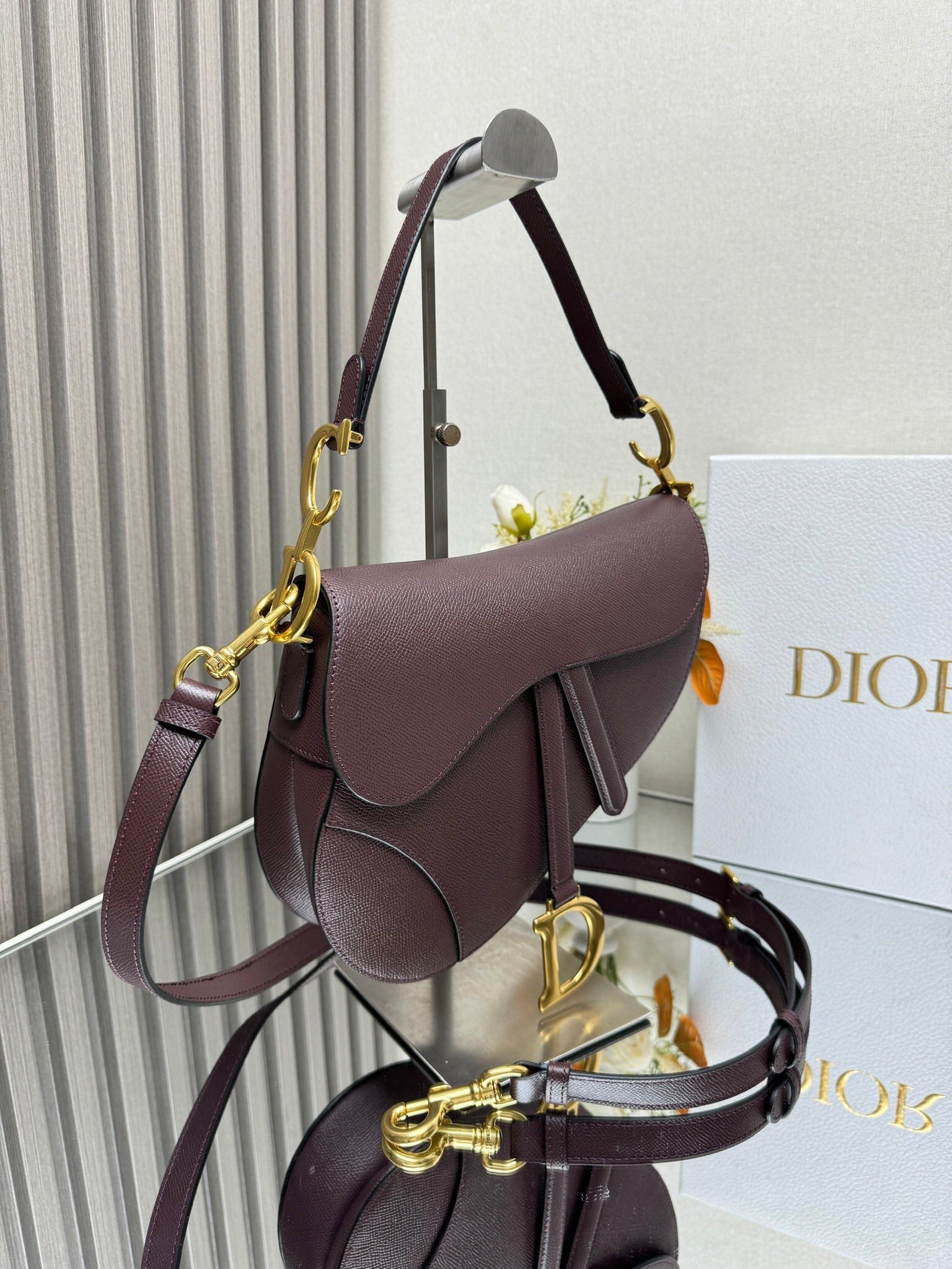 Dior Saddle Bag — Burgundy Grained Calfskin with Gold Hardware