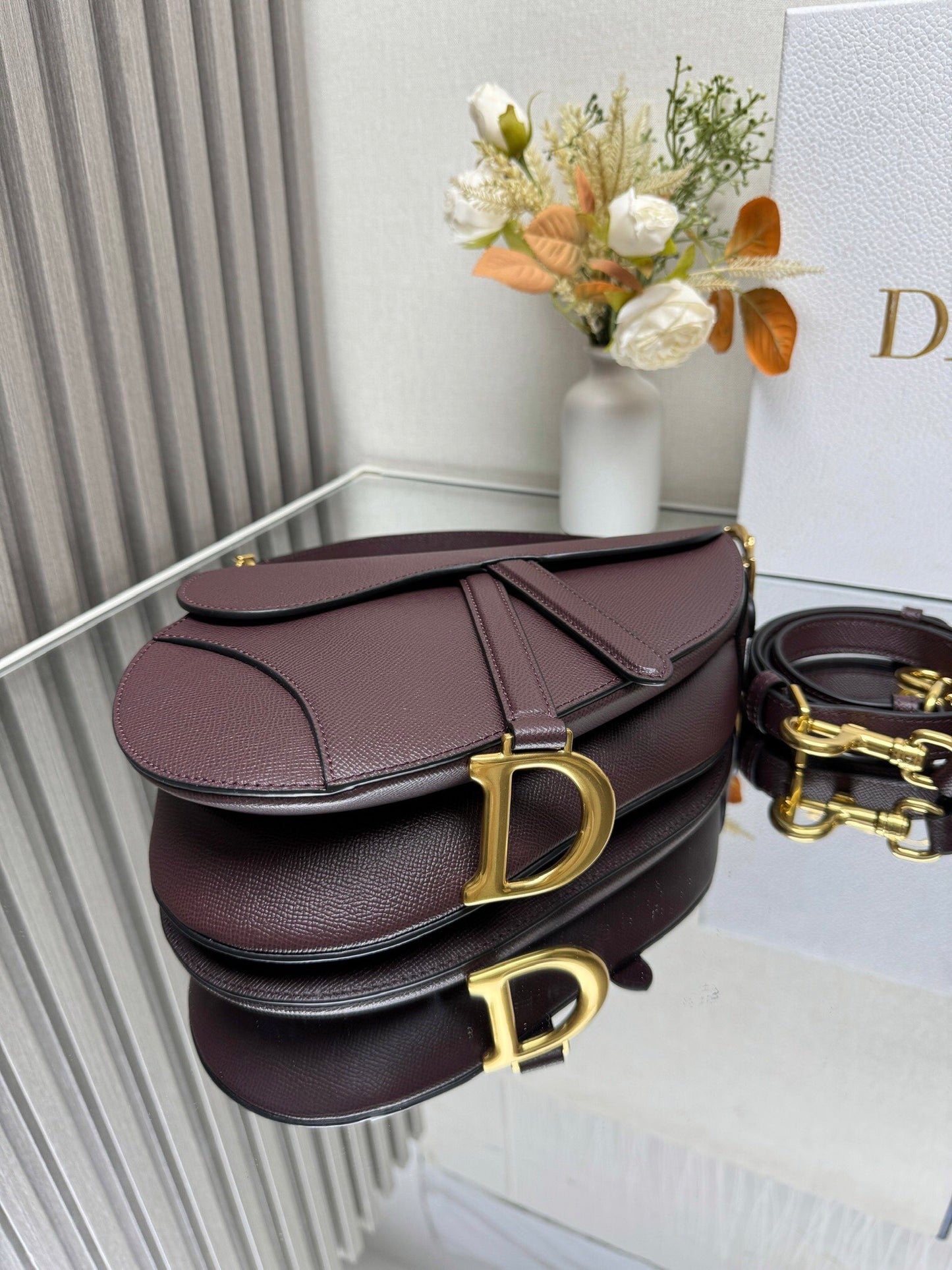 Dior Saddle Bag — Burgundy Grained Calfskin with Gold Hardware