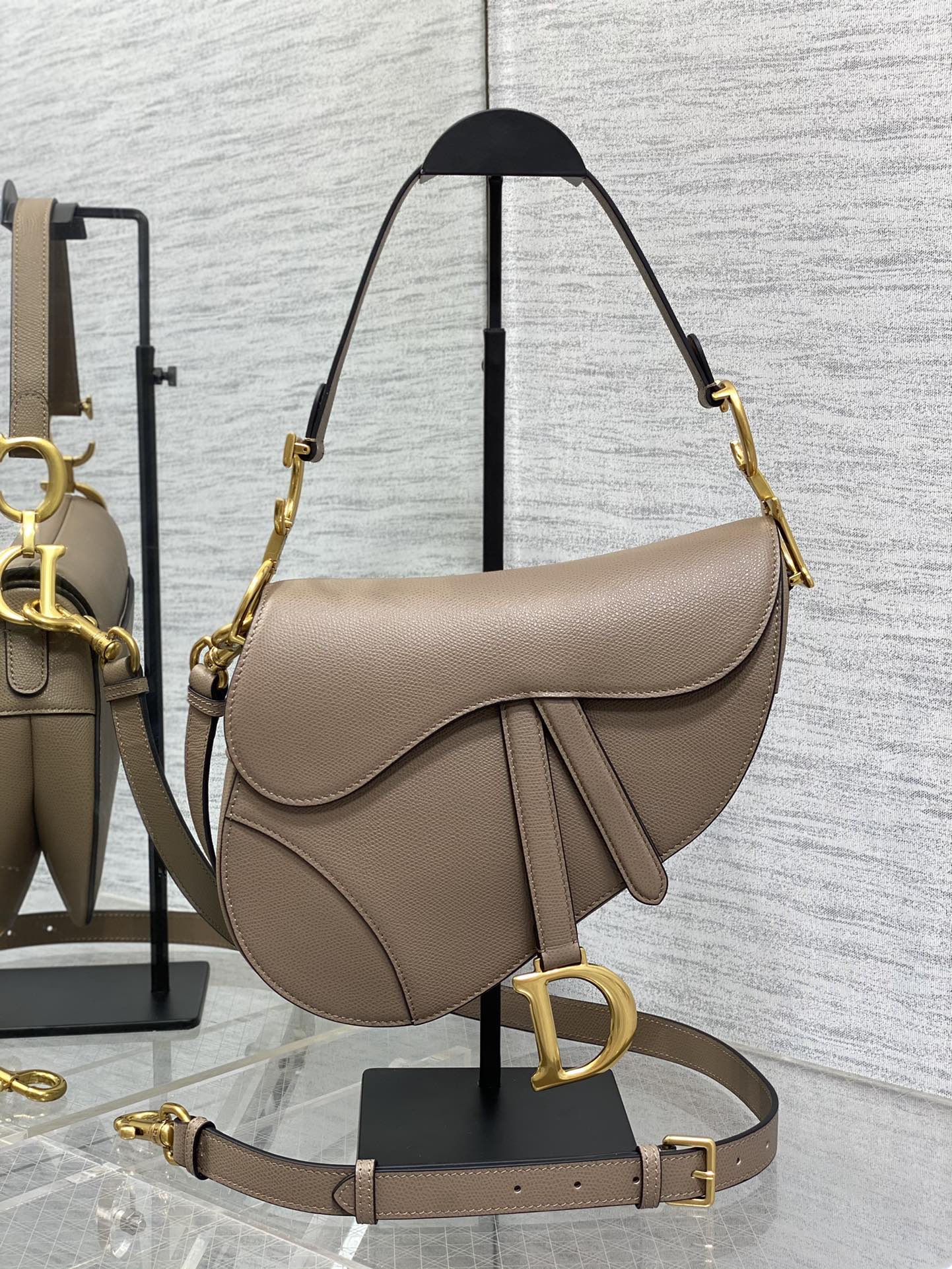 Dior Saddle Bag — Warm Taupe Grained Calfskin with Gold Hardware