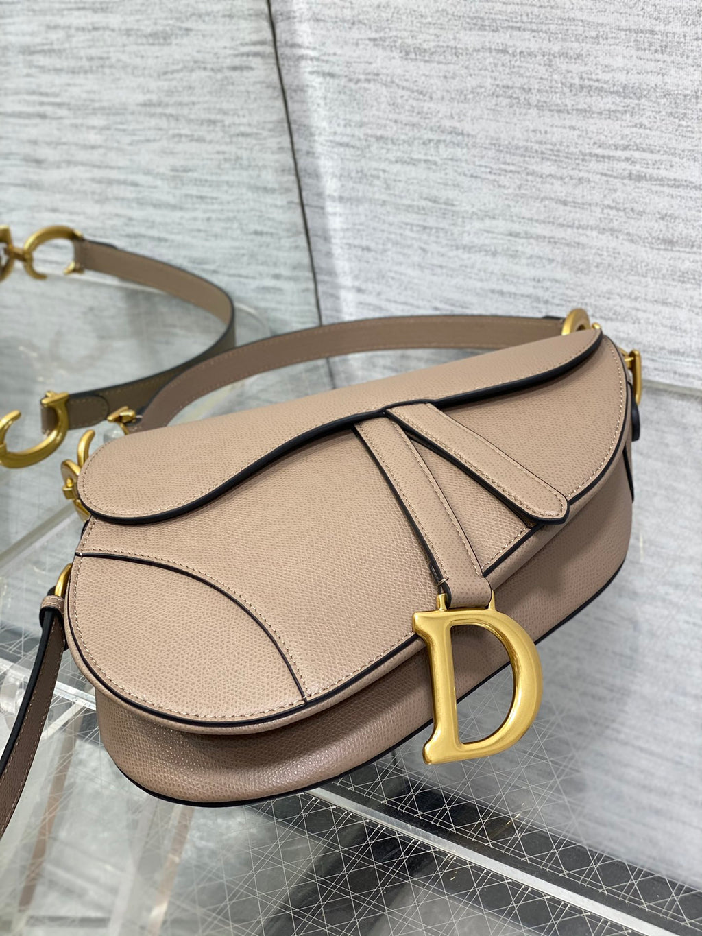 Dior Saddle Bag — Warm Taupe Grained Calfskin with Gold Hardware