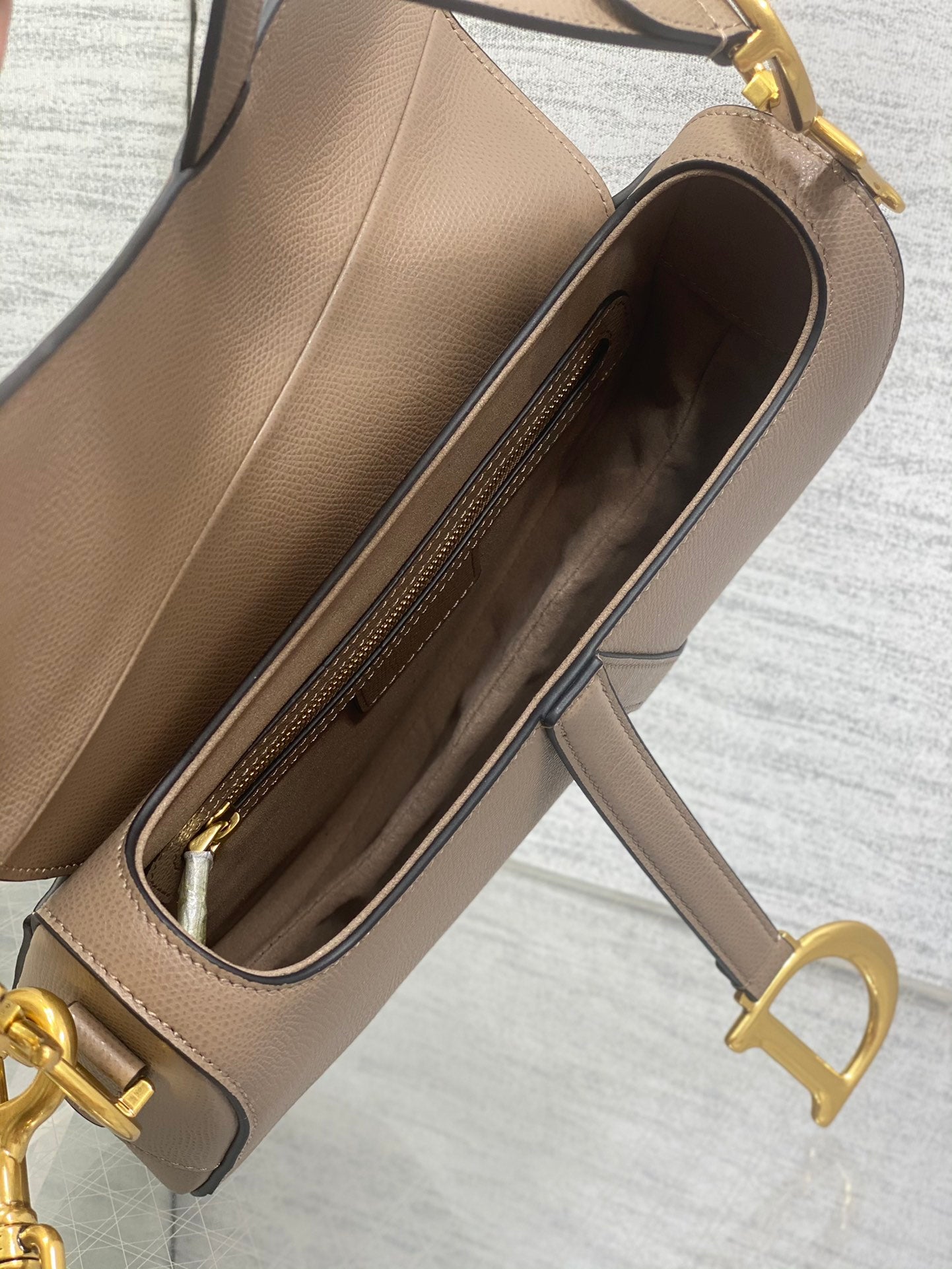 Dior Saddle Bag — Warm Taupe Grained Calfskin with Gold Hardware