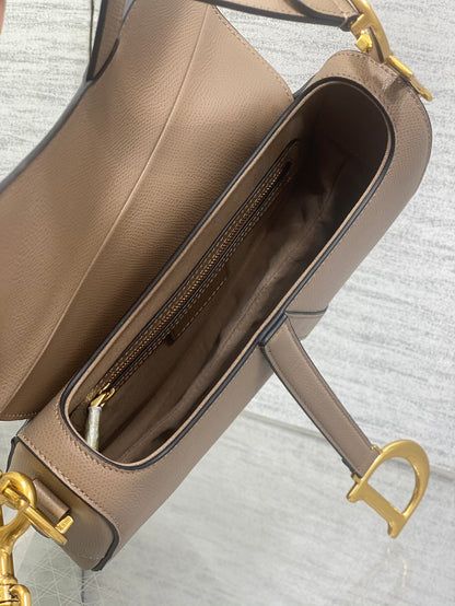 Dior Saddle Bag — Warm Taupe Grained Calfskin with Gold Hardware