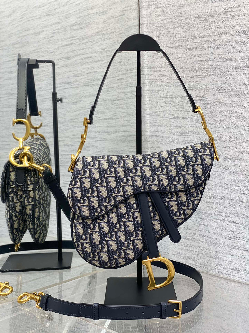 Dior Saddle Bag — Blue Dior Oblique Jacquard with Black Leather Trim