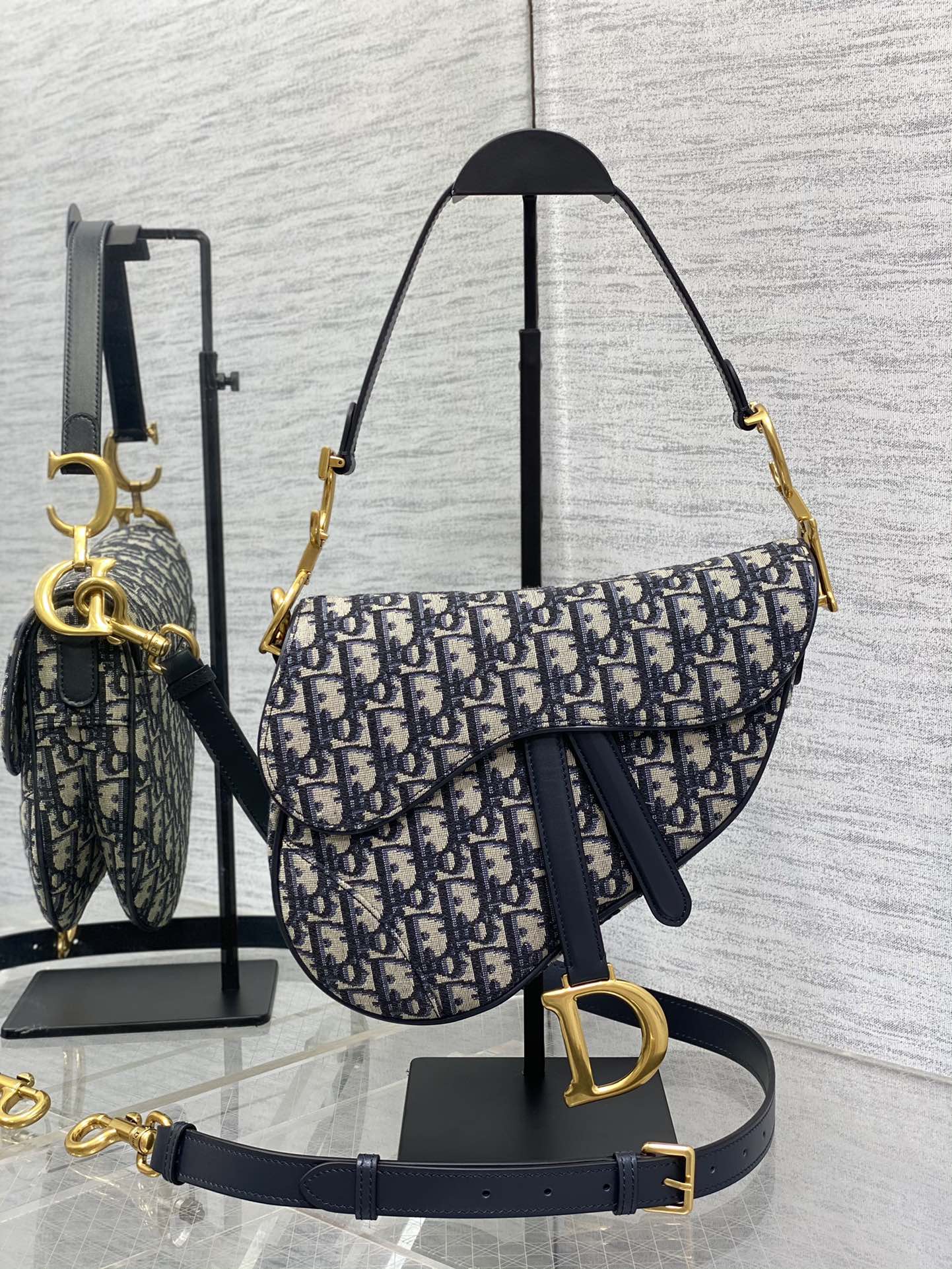 Dior Saddle Bag — Blue Dior Oblique Jacquard with Black Leather Trim