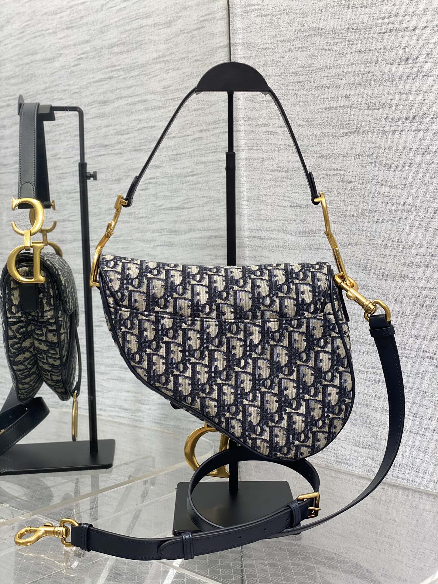 Dior Saddle Bag — Blue Dior Oblique Jacquard with Black Leather Trim