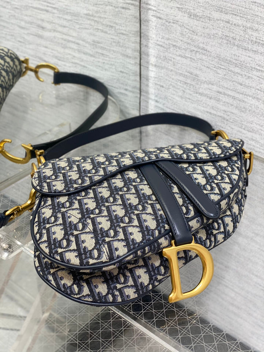 Dior Saddle Bag — Blue Dior Oblique Jacquard with Black Leather Trim