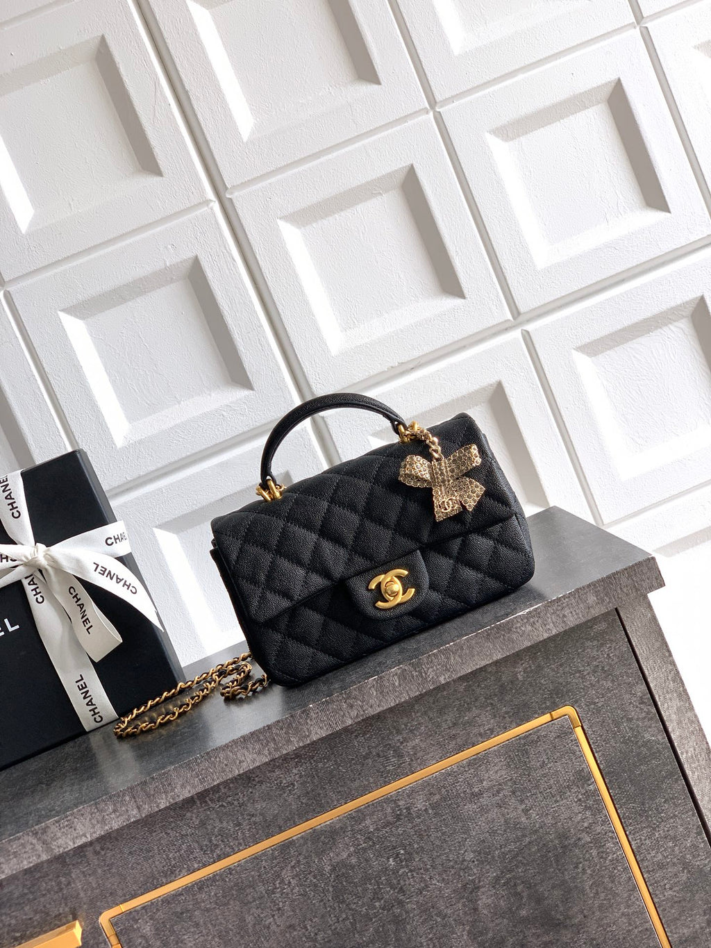 Chanel 25K Coco Handle Mini CF — Black Caviar with Crystal Bow & Gold Hardware