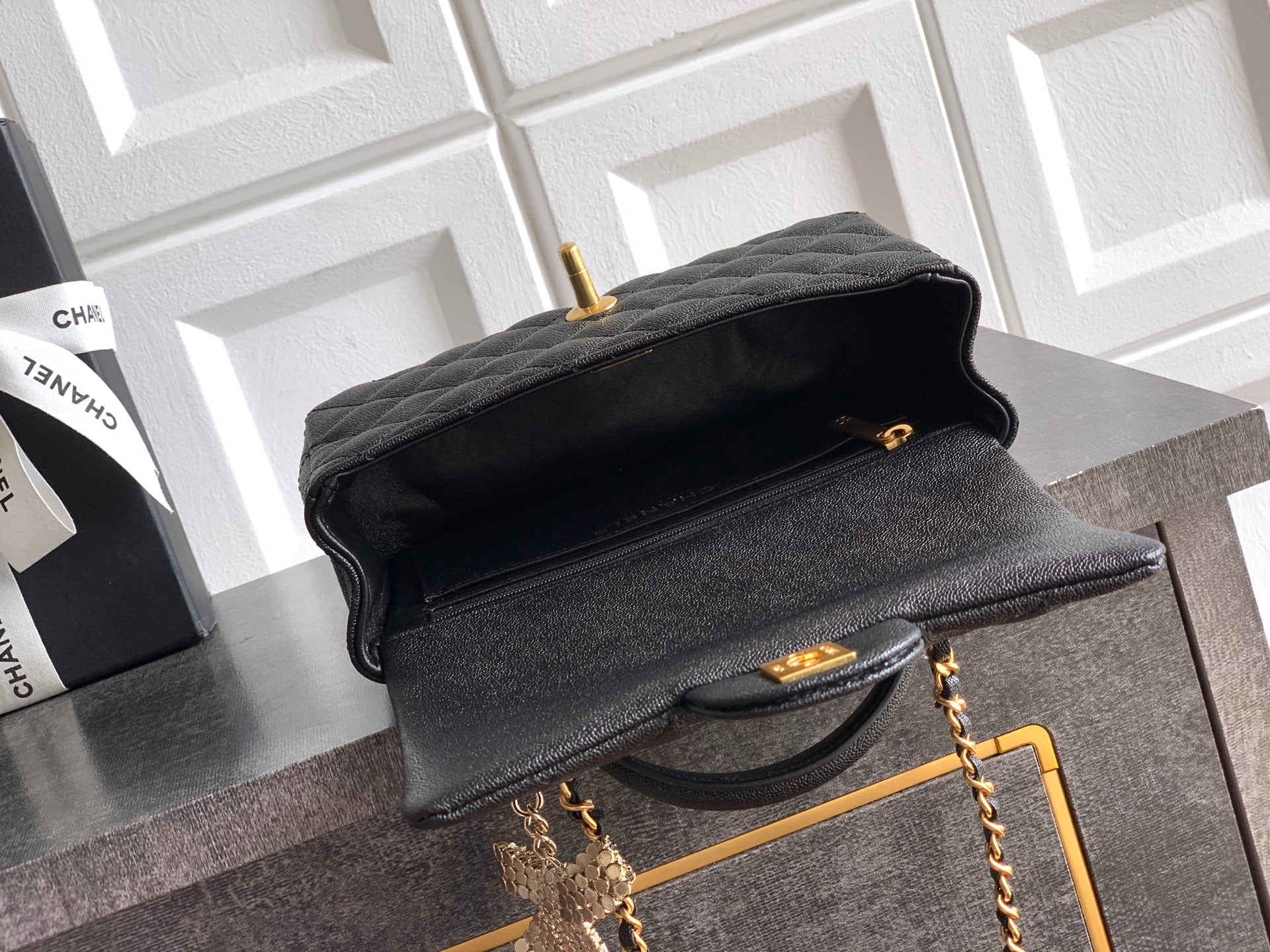 Chanel 25K Coco Handle Mini CF — Black Caviar with Crystal Bow & Gold Hardware