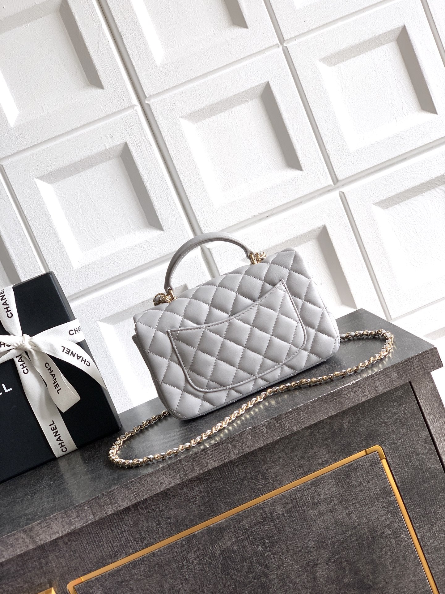Chanel 25K Coco Handle Mini CF — Light Grey Lambskin with Crystal Bow & Gold Hardware