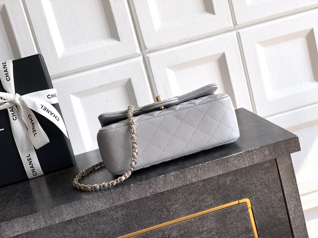 Chanel 25K Coco Handle Mini CF — Light Grey Lambskin with Crystal Bow & Gold Hardware