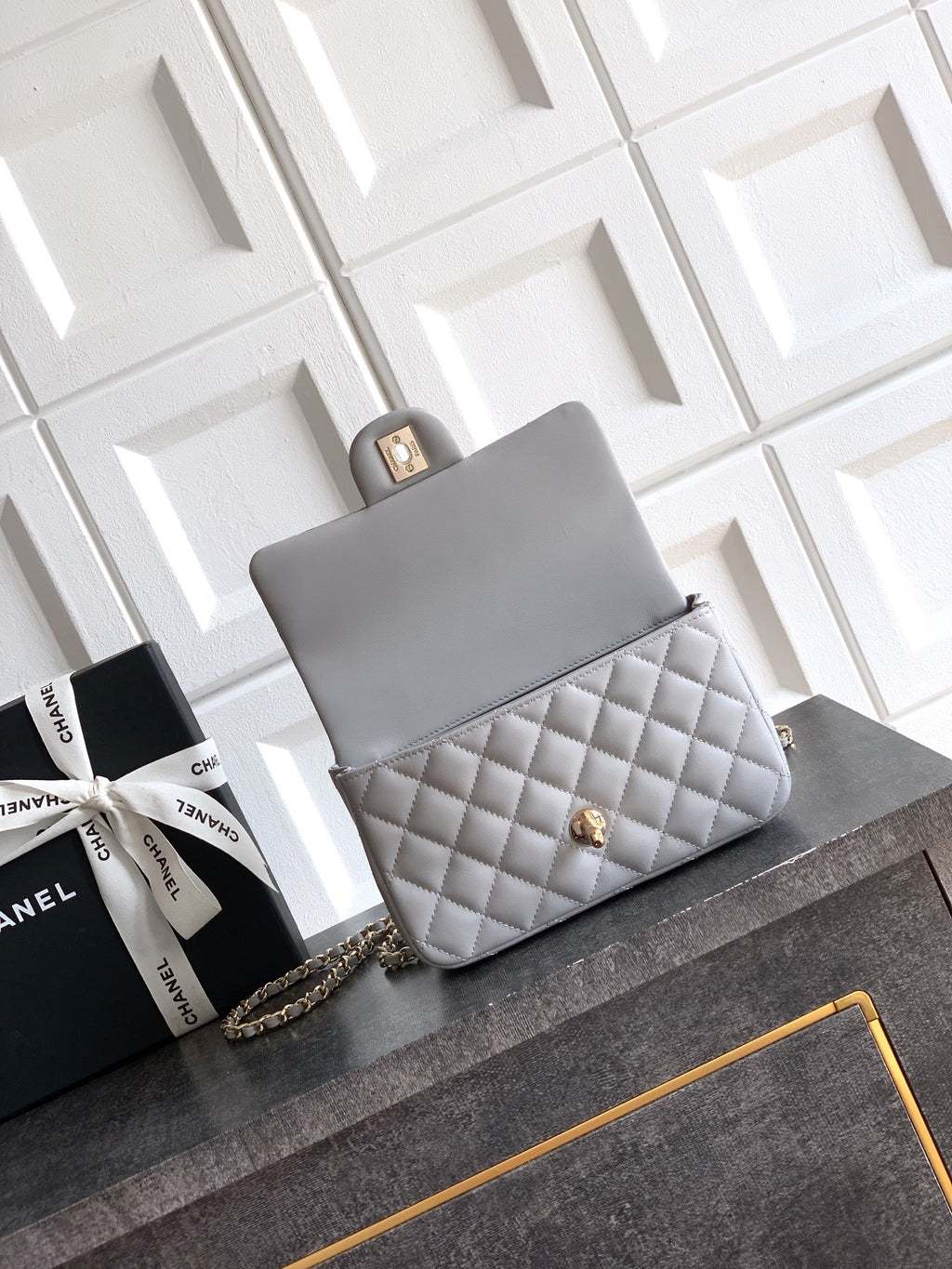 Chanel 25K Coco Handle Mini CF — Light Grey Lambskin with Crystal Bow & Gold Hardware