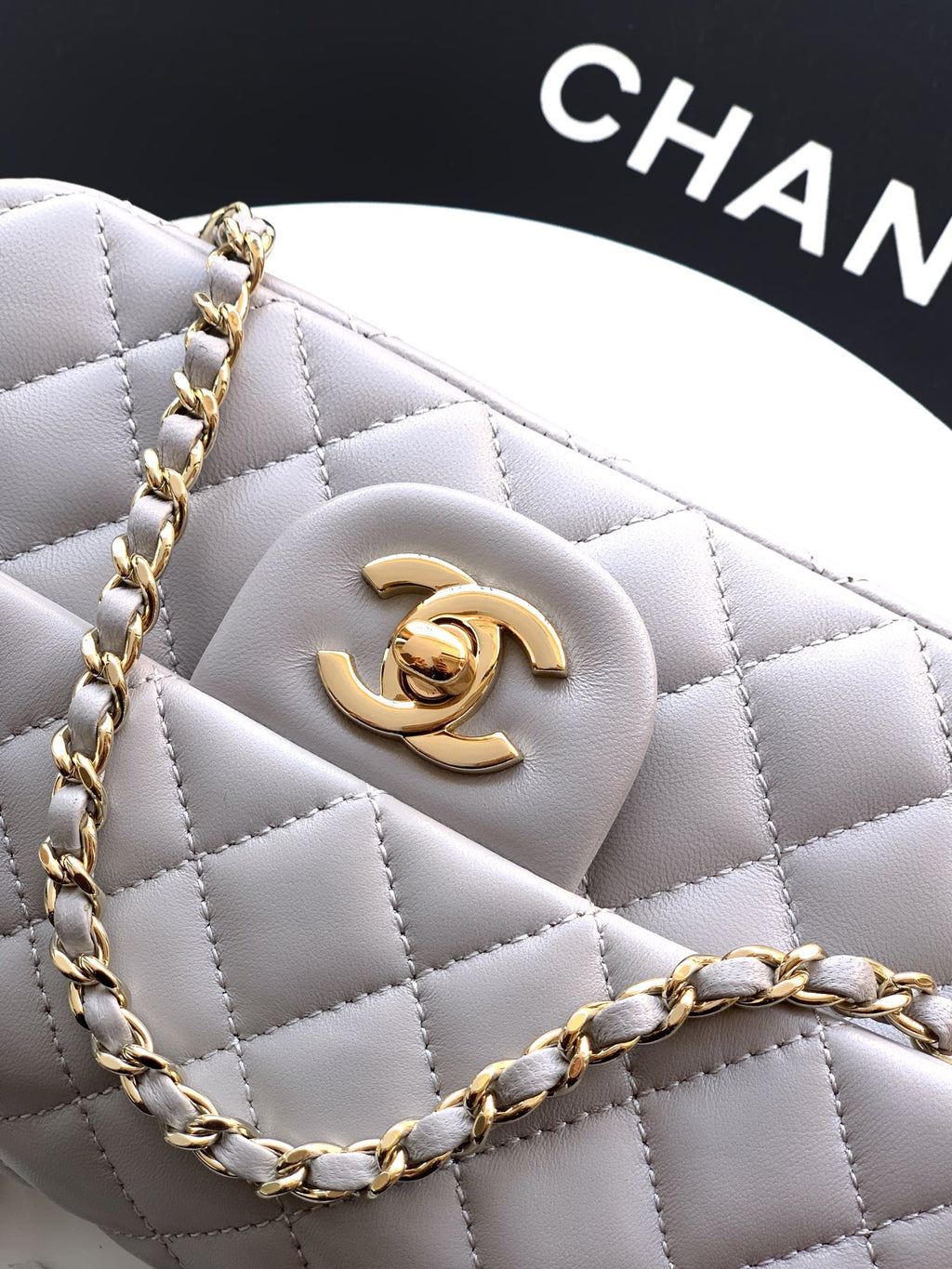 Chanel 25K Coco Handle Mini CF — Light Grey Lambskin with Crystal Bow & Gold Hardware