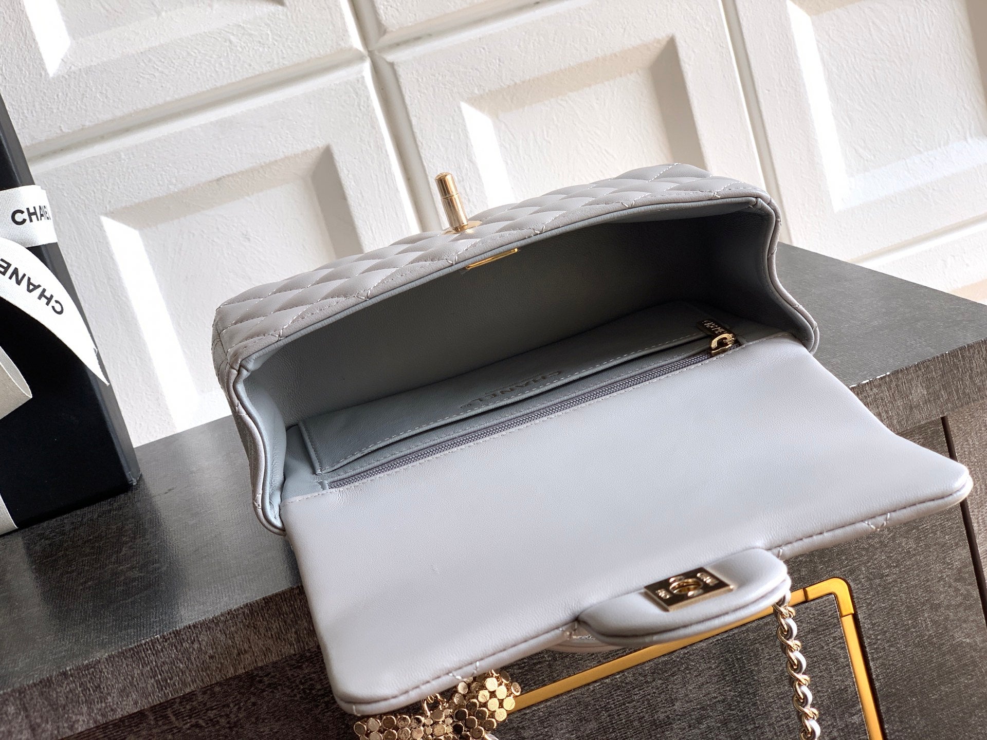 Chanel 25K Coco Handle Mini CF — Light Grey Lambskin with Crystal Bow & Gold Hardware