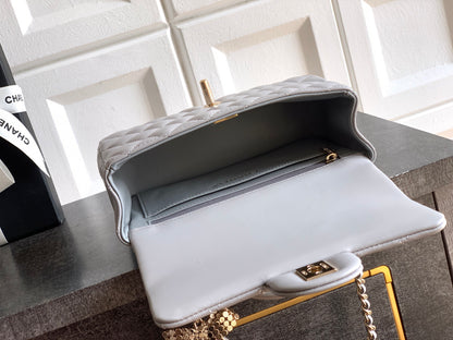 Chanel 25K Coco Handle Mini CF — Light Grey Lambskin with Crystal Bow & Gold Hardware