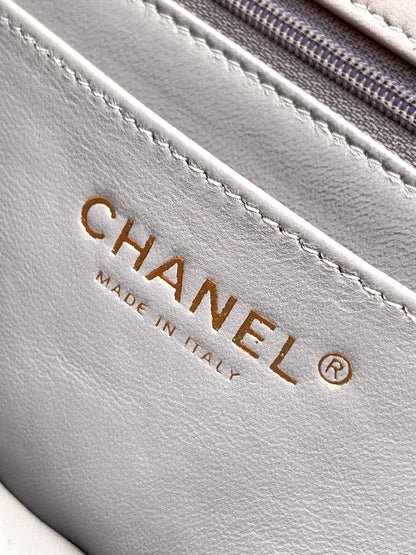 Chanel 25K Coco Handle Mini CF — Light Grey Lambskin with Crystal Bow & Gold Hardware