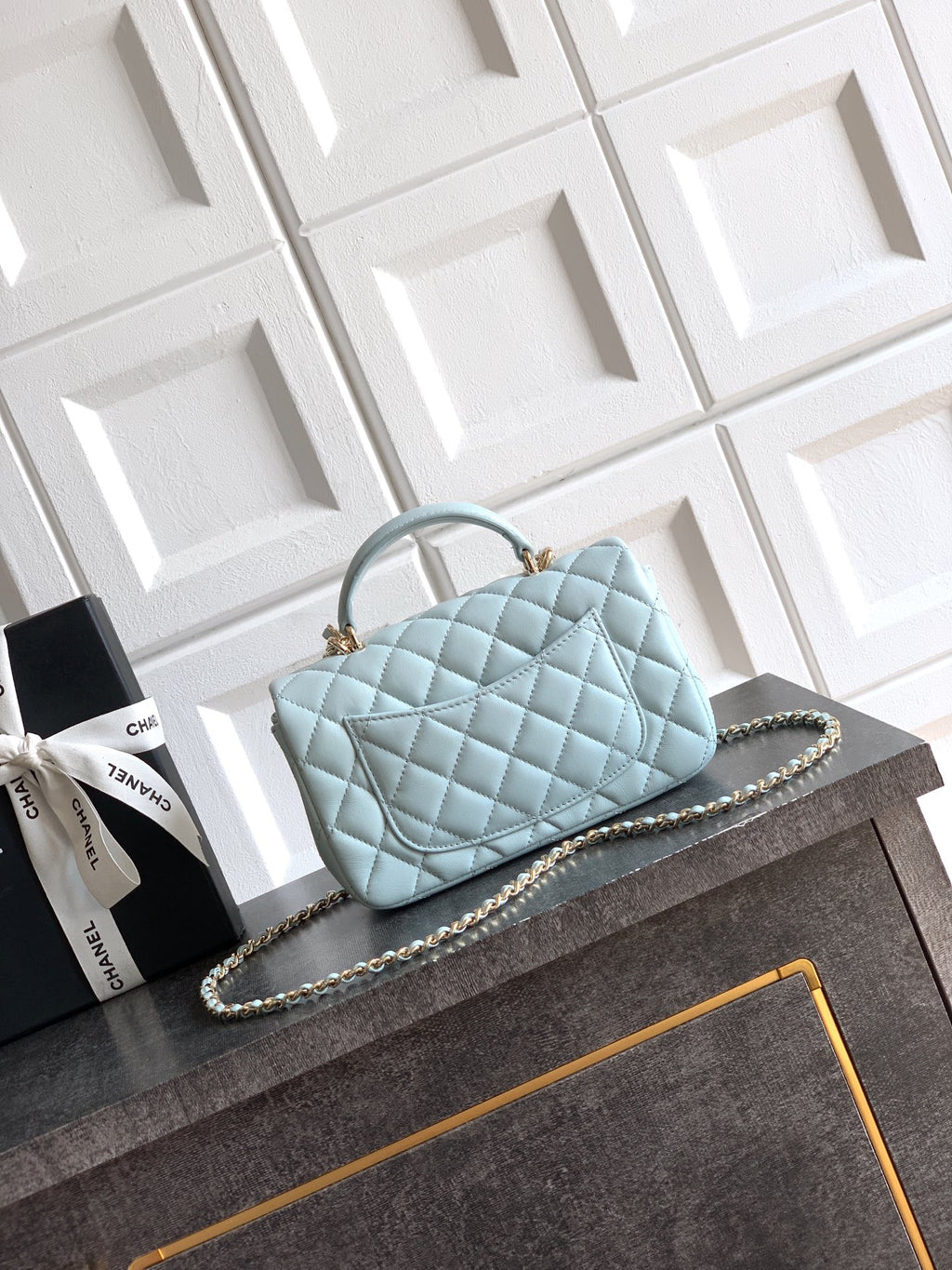 Chanel 25K Coco Handle Mini CF — Baby Blue Lambskin with Crystal Bow & Silver Hardware