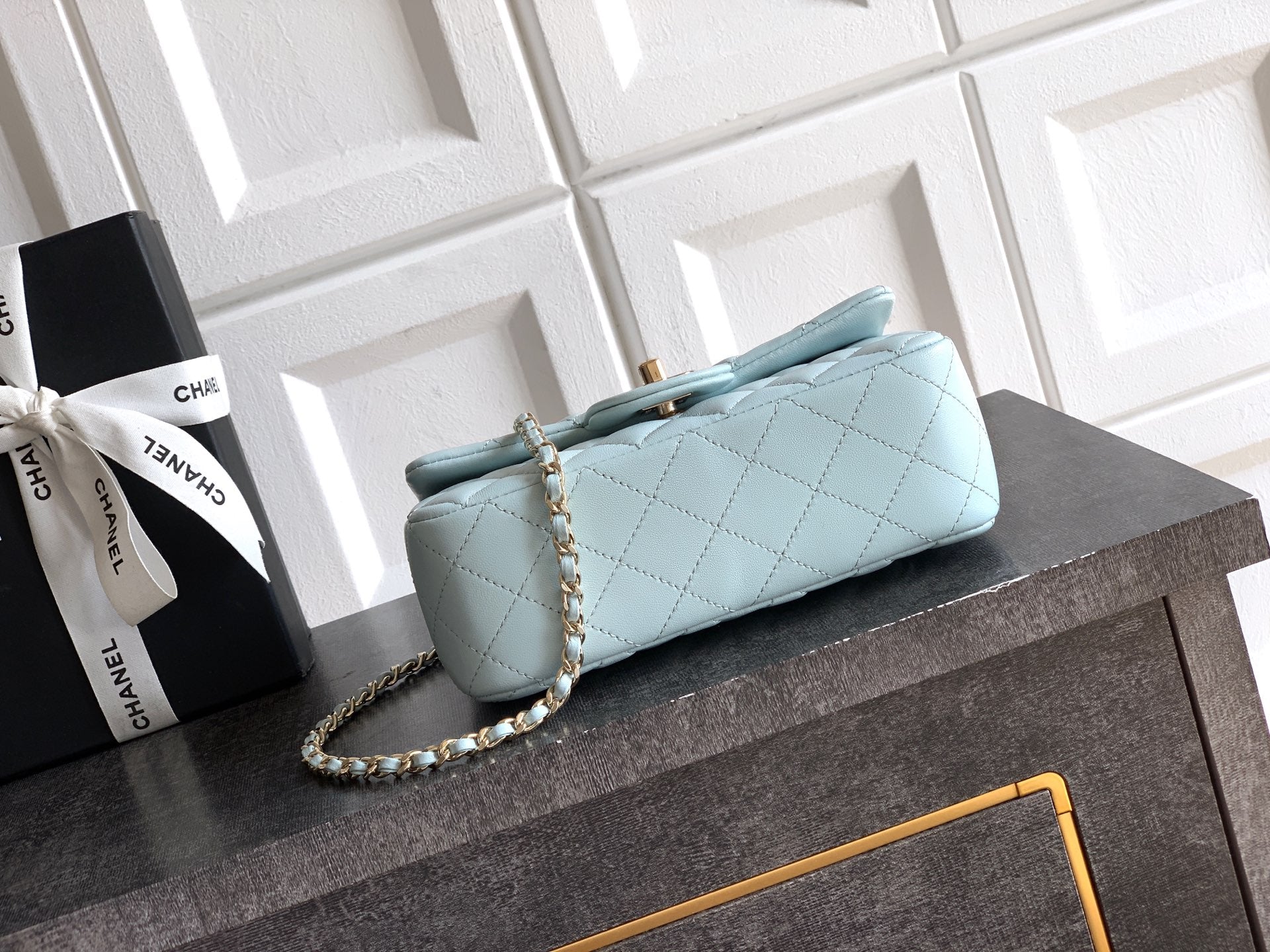 Chanel 25K Coco Handle Mini CF — Baby Blue Lambskin with Crystal Bow & Silver Hardware