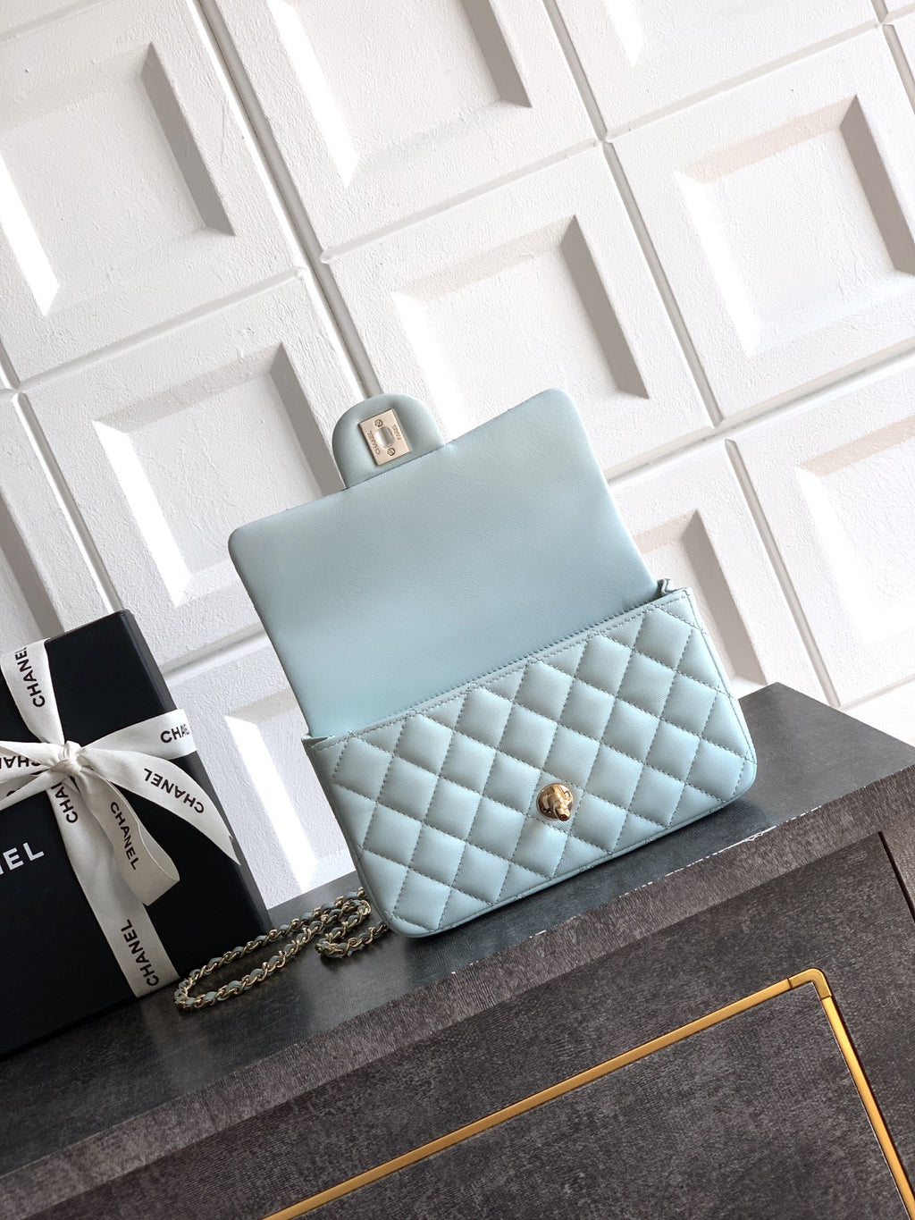 Chanel 25K Coco Handle Mini CF — Baby Blue Lambskin with Crystal Bow & Silver Hardware