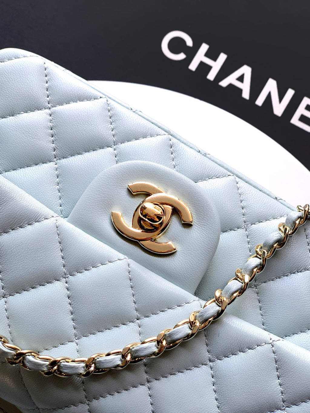 Chanel 25K Coco Handle Mini CF — Baby Blue Lambskin with Crystal Bow & Silver Hardware
