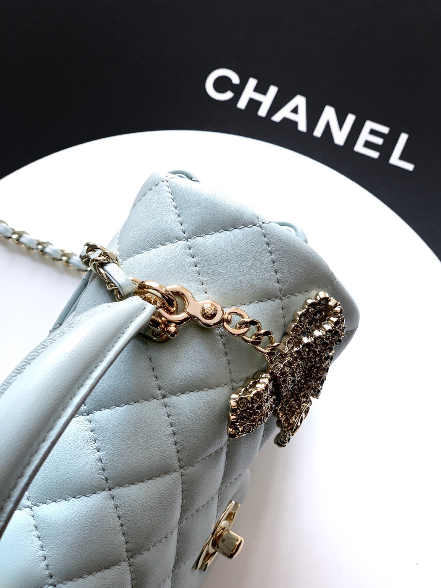 Chanel 25K Coco Handle Mini CF — Baby Blue Lambskin with Crystal Bow & Silver Hardware