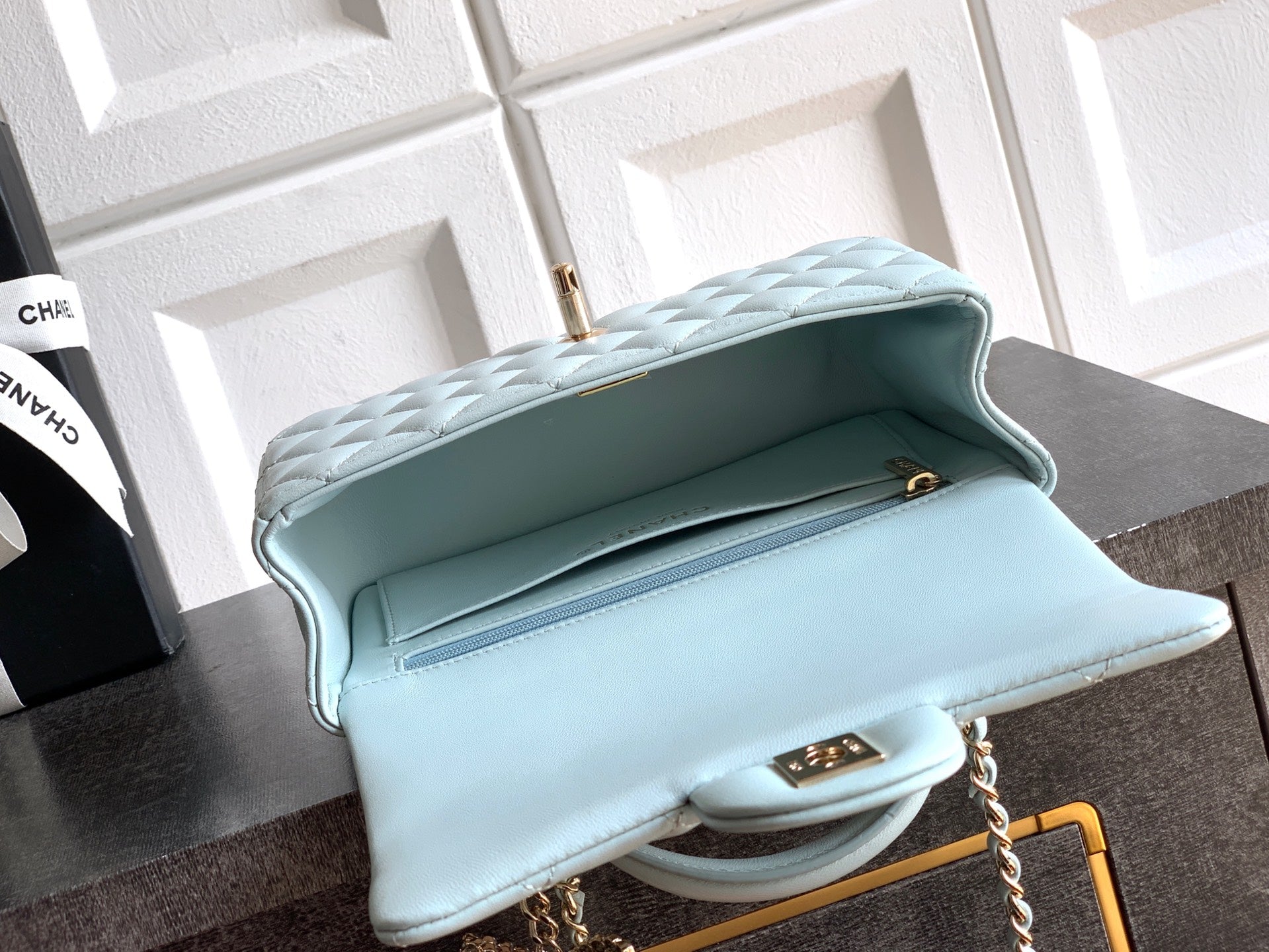 Chanel 25K Coco Handle Mini CF — Baby Blue Lambskin with Crystal Bow & Silver Hardware