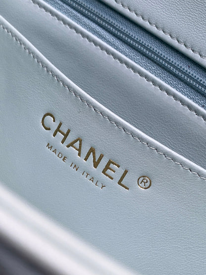 Chanel 25K Coco Handle Mini CF — Baby Blue Lambskin with Crystal Bow & Silver Hardware