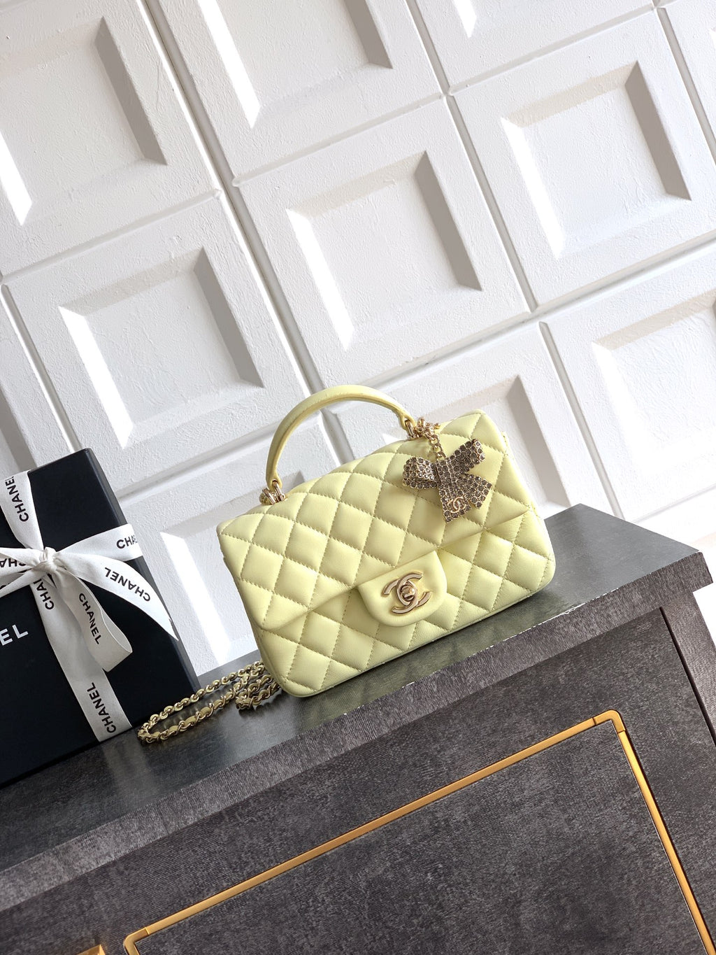 Chanel 25K Coco Handle Mini CF — Butter Yellow Lambskin with Crystal Bow & Gold Hardware